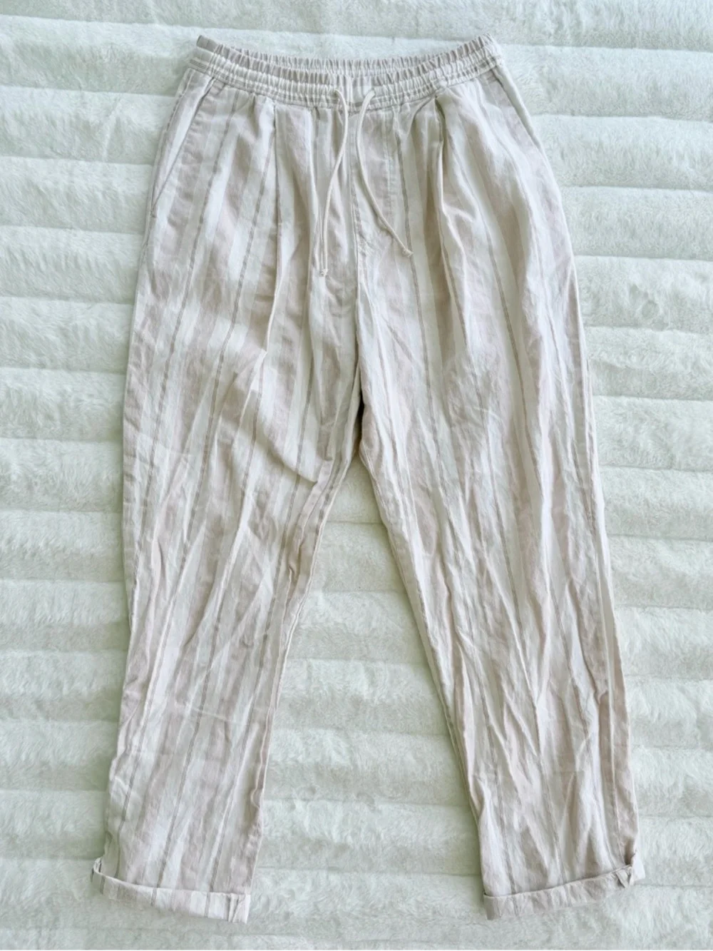 Zara Linen Blend Striped Pants Size M Beige Cream Drawstring Boho Beach